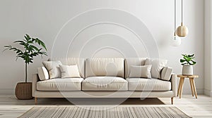 Living room interior design with cozy beige couch, modern minimalist design of apartment. Scandinavian nordic style, for text