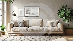 Living room interior design with cozy beige couch, modern minimalist design of apartment. Scandinavian nordic style, for text