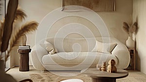 Living room interior design with cozy beige couch, modern minimalist design of apartment. Scandinavian nordic style, for text