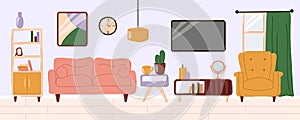 Living room interior design with furniture sofa, bookcase, tv, lamp, window, armchair. Flat doodle style vector