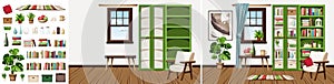 Living room interior design with green bookcases, an armchair, and houseplants. Interior constructor. Cartoon vector illustration photo