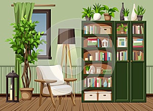 Living room interior design with bookcases, an armchair, a floor lamp, and a big ficus tree. Cartoon vector illustration photo