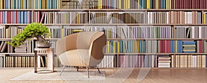 Living room interior design in the library with colorful books 3D Render