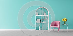 Living room interior design. mock up with pastel pink armchair, empty blue wall with free space on left 3D render