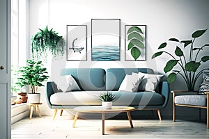Living room interior design with pastel blue sofa. Generative ai