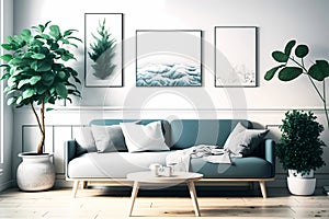 Living room interior design with pastell grey sofa. Generative ai
