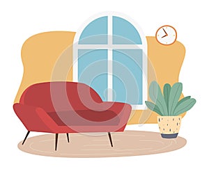 Living room interior design with red sofa and potted plant. Glazed window and a modern soft couch