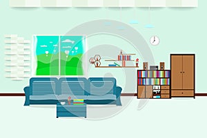 Living room interior design relax with sofa and bookshelf window sky cloud landscape meadow in wall Light Blue background. vector