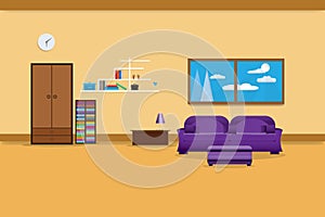 Living room interior design relax with sofa purple and bookshelf window in wall yellow background. vector illustration