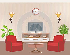 Living room interior design with two armchairs, tvset and houseplant. Domestic room with furniture, clock