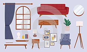 Living room interior elements set in flat retro style. Vector red retro sofa, armchair, posters.