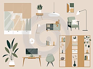 Living Room Interior Elements Vector Set. Wooden furniture, plants, bookcase, paintings, armchair, lamps, shelf, window6 workspace