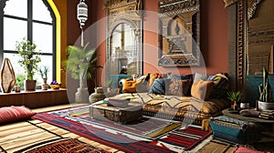 Living room interior, ethnic style . Ai Generative
