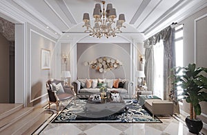 Living room interior in european style 3D illustration