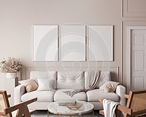 Living room interior with frame mock up, natural wooden furniture and trendy home accessories on bright beige background