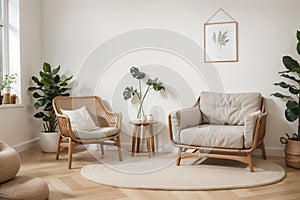 Living room interior with frame mock up, natural wooden furniture and trendy home accessories on bright beige background, ,