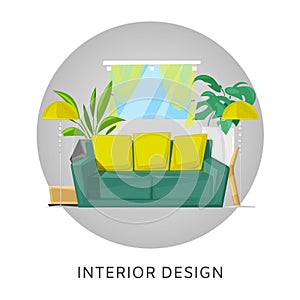 Living room interior with furniture cartoon vector illustration. Living room with sofa, lamp and home plants, windows