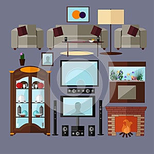 Living room interior with furniture. Concept vector illustration in flat style. Home related isolated design elements