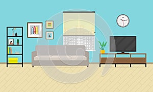 Living room interior. Furniture in flat style with sofa, bookcase and tv. Vector illustration