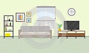 Living room interior. Furniture in flat style with sofa  bookcase and tv. Vector illustration