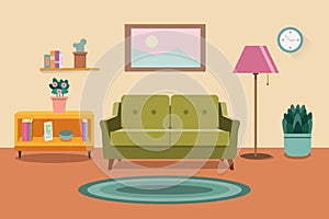 Living room interior. Furniture sofa, bookcase, lamps. Flat style vector illustration EPS Home life