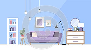 Living room interior with furniture. Sofa with pillows, pictures in frame and plants decoration. Vector illustration.