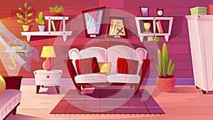 Living room interior with furniture, vector illustration. Apartment room with cozy couches, carpet, shelves, wardrobe.