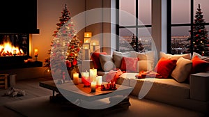 Living room interior with glowing Christmas tree, candles, gifts and fireplace.