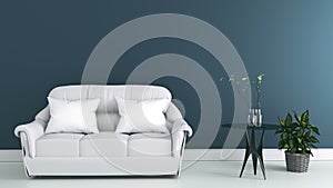 Living Room interior with gray fabric sofa and pillows on modern dark wall background,3d rendering