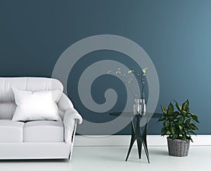 Living Room interior with gray fabric sofa and pillows on modern dark wall background,3d rendering