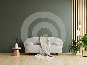 Living room interior with gray sofa on dark green wall background