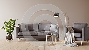 Living room interior with gray velvet sofa, armchair, floor lamp and plant on warm, sepia wall. 3D render.