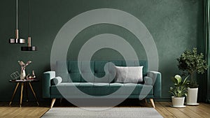 Living room interior with green sofa and decoration room on empty dark green wall background