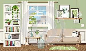 Living room interior with green walls, a sofa, a bookcase, and houseplants. Cartoon vector illustration