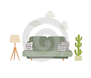 Living room interior with grey sofa, pillows, plant and torchere.