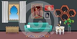 Living room interior with india furniture style and Oil Lamps Diya for Diwali celebration. Vector illustration.