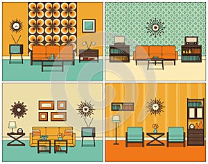 Living room interior in line art. Retro linear vector illustration.