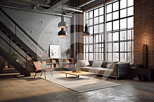 Living room interior in loft, industrial style, 3d render -AI generated