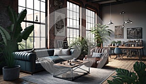 Living room interior in loft industrial style. Generative AI