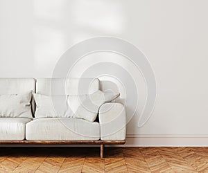 living room interior mock up, gray sofa near white wall with sunlight, 3d