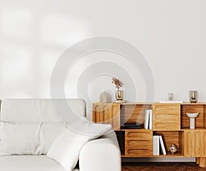 living room interior mock up, gray sofa and wooden cupboard with decor, white wall with sunlight, 3d