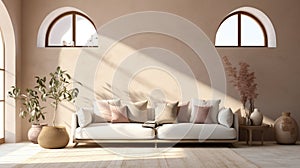 living room interior mock up, modern furniture and decorative green arch with trendy dried flowers, white sofa and