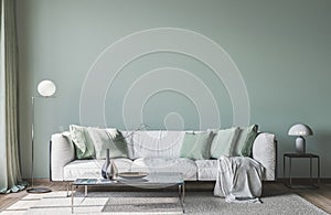 Living room interior mock up, modern furniture and trendy home accessories, on colored background