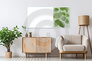 Living room interior with mock-up poster frame, wooden sideboard and sofa. Home green decor