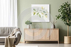 Living room interior with mock-up poster frame, wooden sideboard and sofa. Home green decor