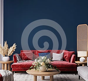 Living room interior mock-up with red sofa, wooden table and rattan home decoration in dark blue background