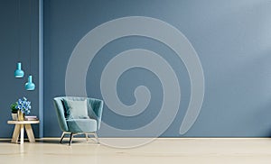 Living room interior mockup in warm tones with armchair on empty dark blue wall background