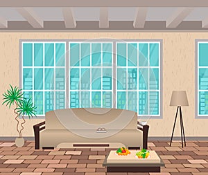 Living room interior. Modern design of domestic room with cityscape outside window, sofa, lamp and brick flooring.