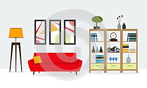 Living room interior. Modern furniture: sofa, bookshelf, lamp, pictures on the wall. House or apartment interior design.
