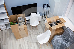 Living Room Interior With Moving Boxes